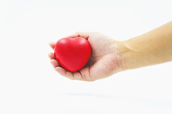 Mãos Segurando Coração Vermelho Sobre Fundo Branco Amor Cuidados Saúde — Fotografia de Stock