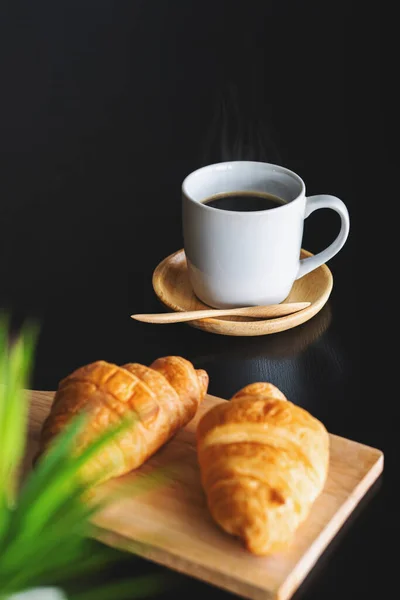 French Breakfast Croissant Bread Black Coffee Table — Stock Photo, Image