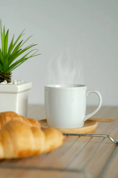 French Breakfast Croissant Bread Black Coffee Table — Stock Photo, Image