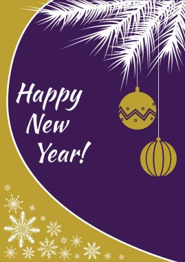 Noel kartpostal veya afiş sarı ve mor renkler, sarı topları ve beyaz kar tanesi ve Noel ağacı dalı ile