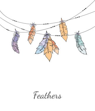 Açık renkli bir ipte asılı etnik renkli dekoratif tüyler. Baskı, web, poster, tişört için en az vektör çizim. EPS 10