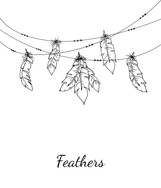 Vektör çizim etnik dekoratif siyah tüyleri beyaz zemin üzerinde bir ipte asılı. En az dekorasyon öğeleri baskı, web, poster, tişört için beyaz arka plan üzerinde kontur. EPS 10