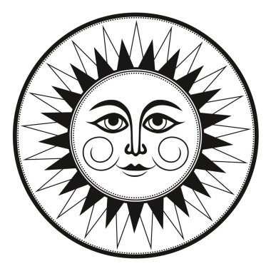 Vintage siyah beyaz etnik süsleme fresk gizli güneş gülümsüyor