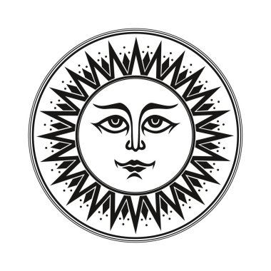 Vintage siyah beyaz etnik süsleme açık havada beyaz arka plan üzerinde güneş gülümseyen gizli
