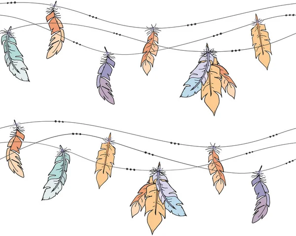 矢量五颜六色的无缝的民族装饰羽毛挂在一根绳子上的光背景. — 图库矢量图片