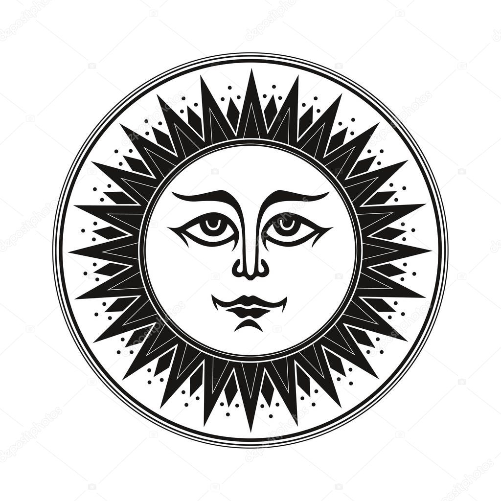 Vintage black and white ethnic ornament fresco occult smiling sun on white background