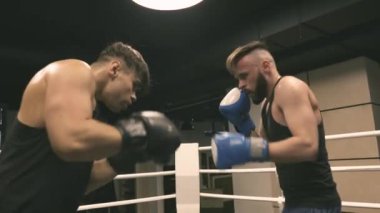İki boksör yumruklarını ve savunma eğitim