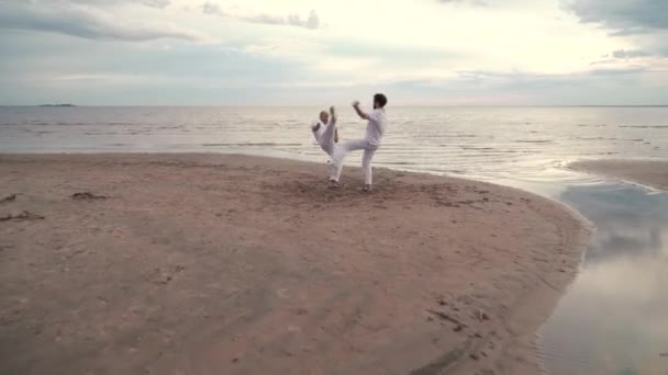 Двоє чоловіків практикують капоейру на пляжі — стокове відео