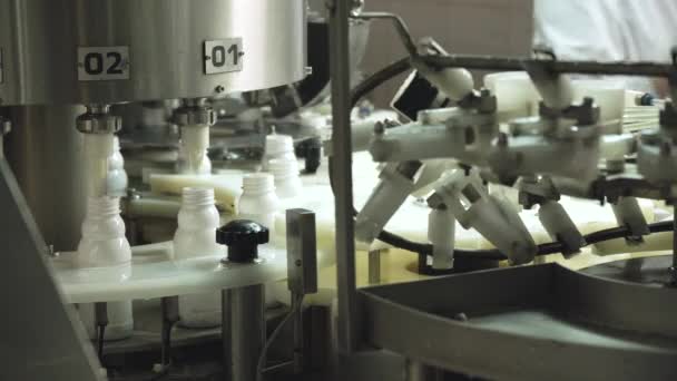 Filling of bottles with dairy products — Stock Video