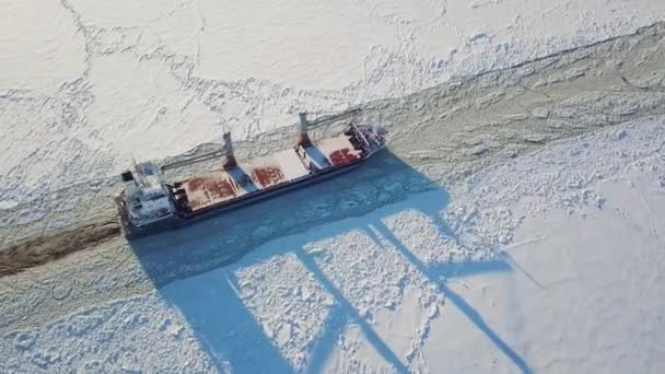 Vrachtschip in de zee in de winter — Stockvideo