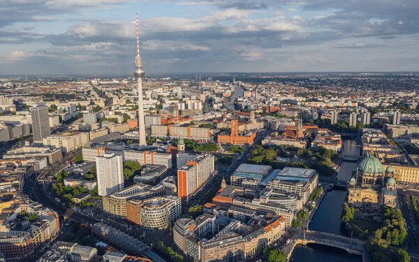 Cityscape of Berlin before sunset. Aerial view
