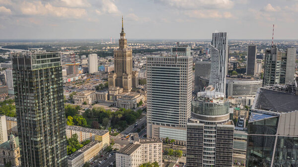 Aerial view of Warsaw downtown on a sunny day