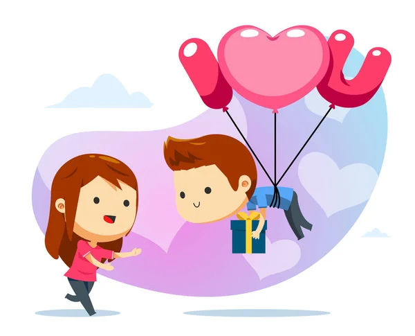 Chico Flotante Con Globo Una Chica Lista Para Atrapar — Vector de stock