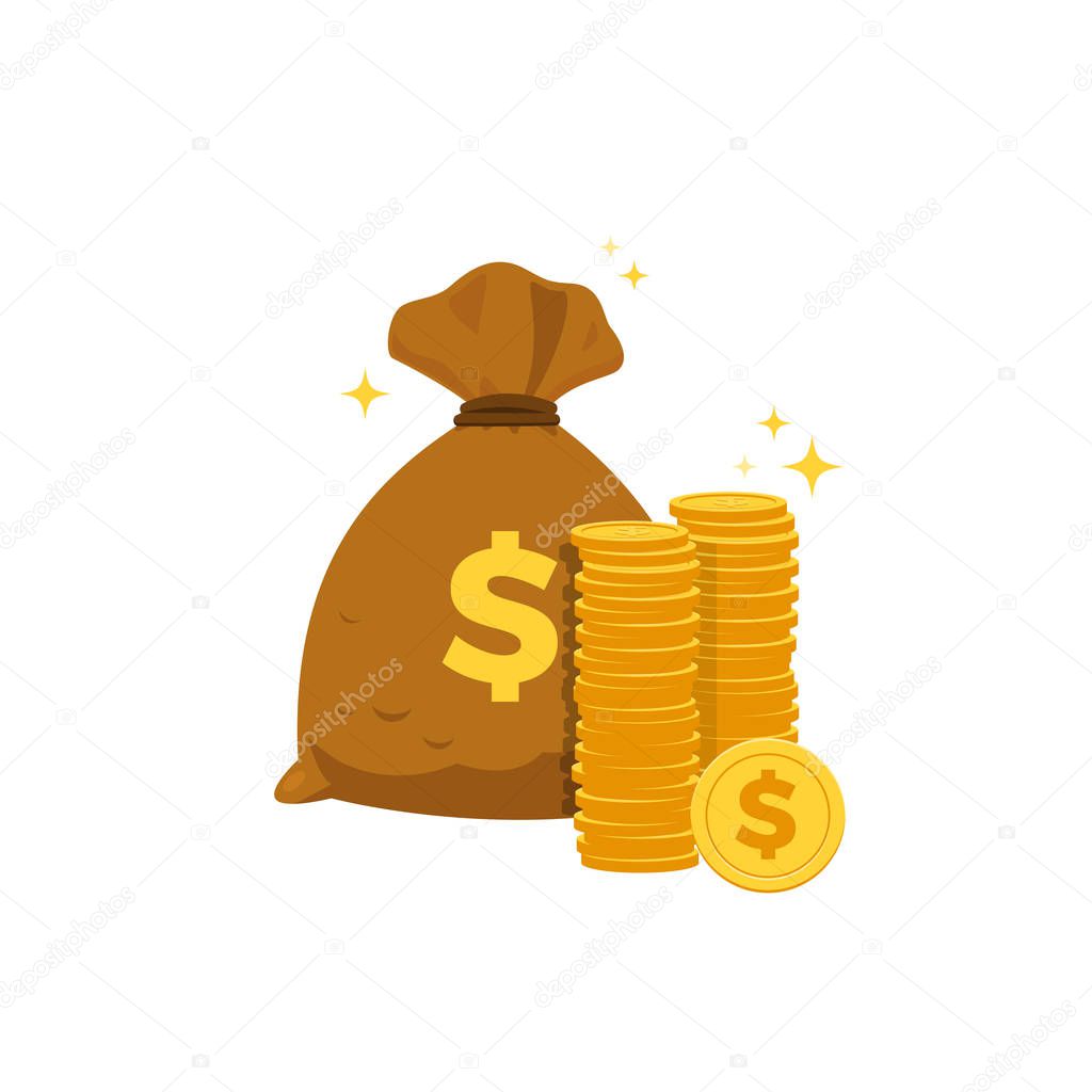 a pouch and pile of coins. isolated vector illustration