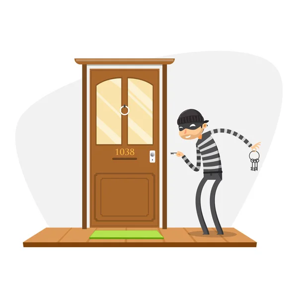 Zloděj se pokouší otevřít dveře. Izolovaný vektorový obrázek — Stockový vektor