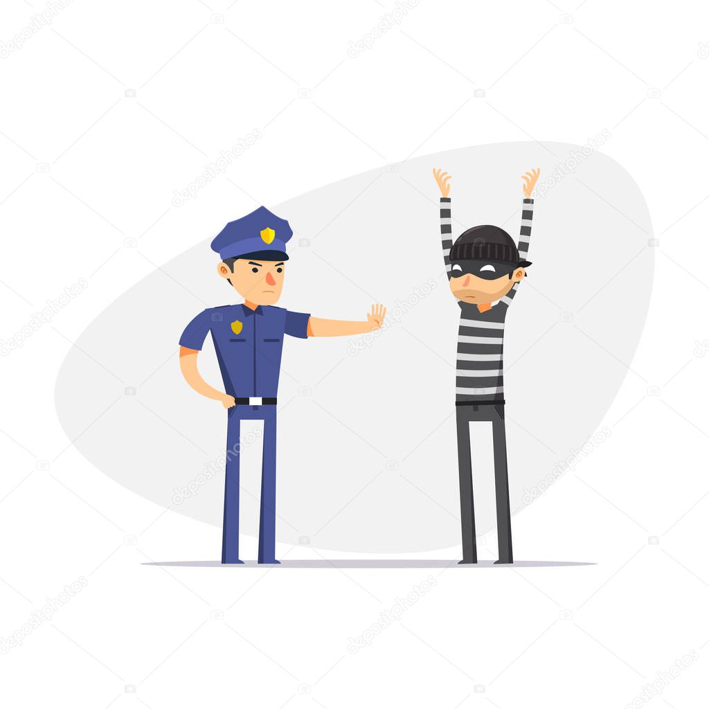 A thief is being stopped by police. Isolated Vector Illustration