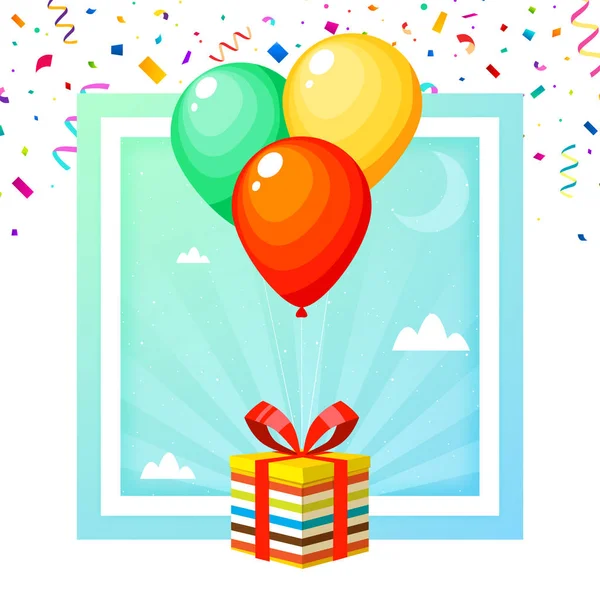 Caja de cumpleaños con tres globos sobre fondo azul cian . — Vector de stock