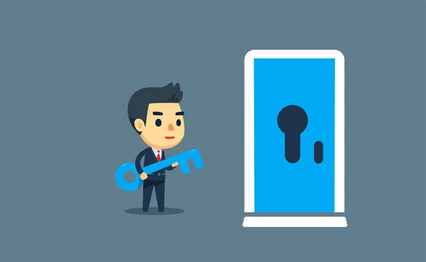 Obchodník drží modrý klíč před modrými dveřmi. Vektorová ilustrace — Stockový vektor