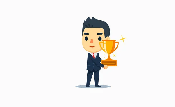 A businessman is holding a golden trophy. vector illustration — Stock Vector