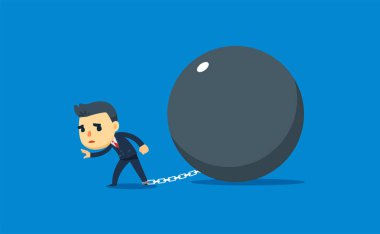 Bir işadamının ayakları büyük bir demir topa bağlıdır. vektör illüstrasyon