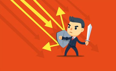 Bir işadamı nın elinde bir kalkan ve kılıç var.