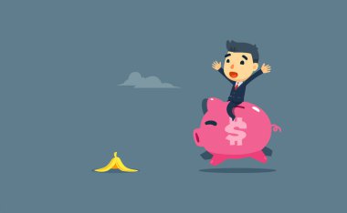 a businessman is riding a pig with banana peel in front of him. clipart