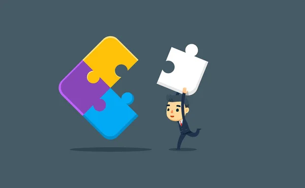 A businessman is carrying the last puzzle piece. vector illustration — Stock Vector
