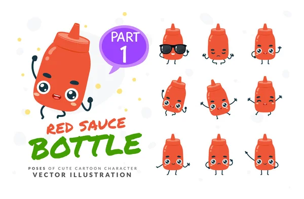 Wektorowy Zestaw Kreskówkowych Zdjęć Red Sauce Bottle Część — Wektor stockowy