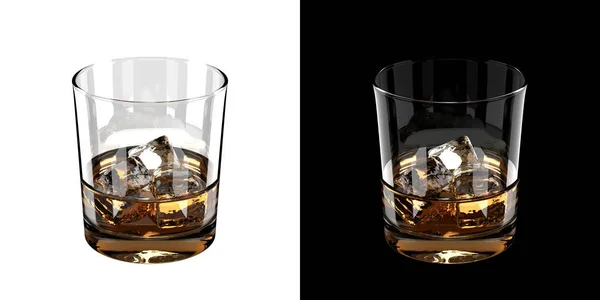 Glass of whiskey with ice on a white and black background — Stock Photo, Image