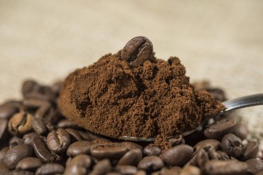 Makro bir kahve fasulye içinde kavrulmuş kahve telvesi.
