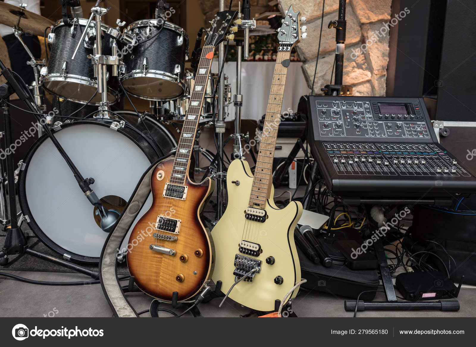 Picture Stage Rock Band Equipment Instruments Guitars Drums Piano Stock picture-stage-rock-band-equipment-instruments-guitars-drums-piano-stock