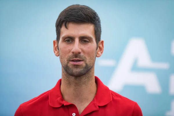 Belgrado Serbia Mayo 2020 Novak Djokovic Serbia Una Conferencia Prensa — Foto de Stock