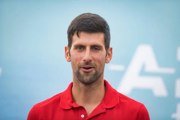 Belgrado Serbia Mayo 2020 Novak Djokovic Serbia Una Conferencia Prensa — Foto de Stock