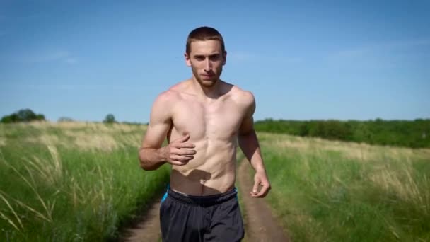 Portrait d'un homme torse nu et musclé courant à travers le champ . — Video