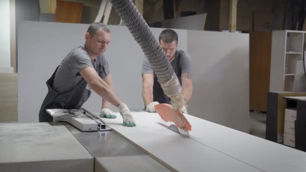 Два шарнира направляющие деревянную доску на промышленную пильную машину на мебельной фабрике, резка мебельной заготовки — стоковое видео