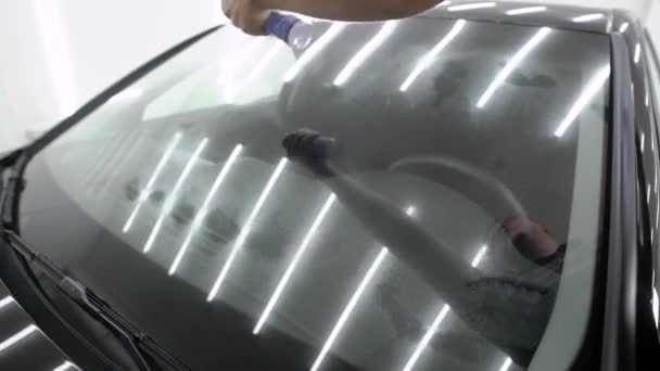 Hand att sätta spray samtidigt tar hand om bilen i garaget — Stockvideo