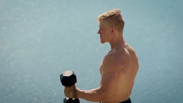 Sportman doen squats met halters en het duwen van hen omhoog. — Stockvideo