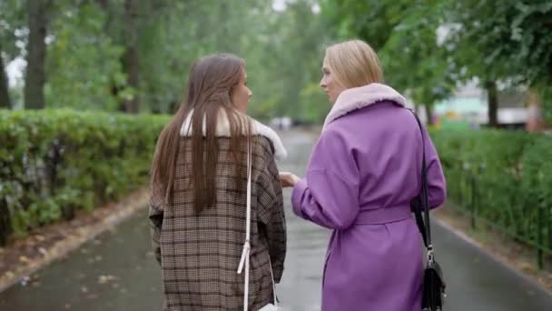 Dos hermosas chicas en un abrigo. Las chicas están caminando por la calle y hablando, discutiendo los últimos chismes . — Vídeo de stock