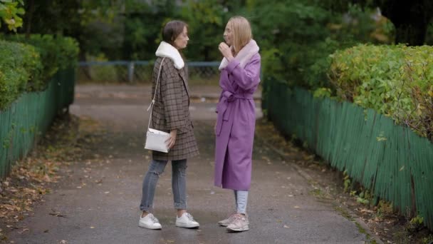 Две красивые девушки в пальто. Autumn, отличное время для прогулок по улицам города . — стоковое видео