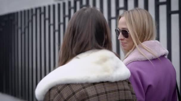 Two beautiful girls in a coat. The girls are walking along the street and talking, discussing the latest gossip. — Stock Video