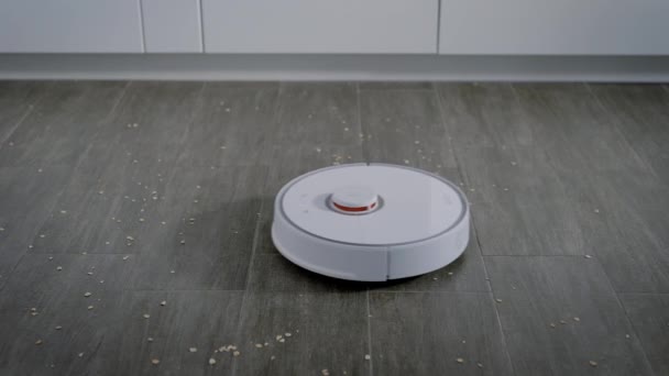 Bulat modern robot vacuum cleaner bergerak di lantai di rumah dan mengumpulkan sampah, rumah pintar — Stok Video