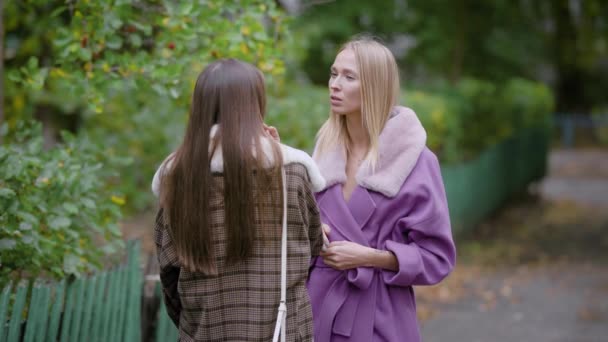 Bionda giovane donna sta chattando con il suo amico bruna su una strada nel parco in autunno giorno, incontro a piedi — Video Stock