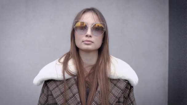Гарна брюнетка модель стоїть на відкритому повітрі в осінній день, вона носить тепле модне пальто з хутряним коміром і сонцезахисними окулярами — стокове відео