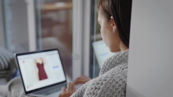 Junge Frau benutzt Laptop in Decke neben Fenster — Stockvideo