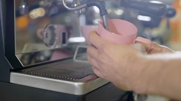 Barista en koffie machine in het café. Zweep van melk voor cappuccino — Stockvideo