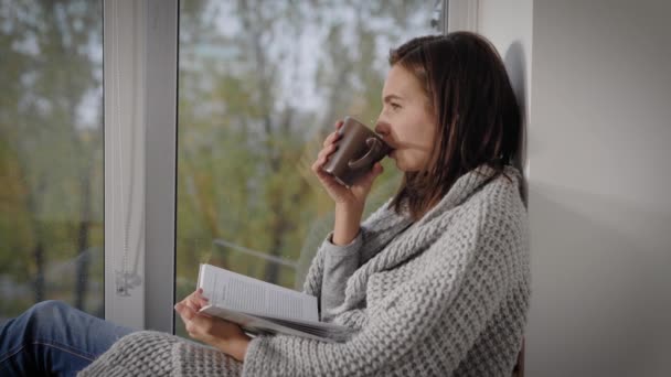 Potret seorang gadis berambut cokelat yang menawan membaca sebuah buku di jendela dengan secangkir teh panas, santai di akhir pekan . — Stok Video