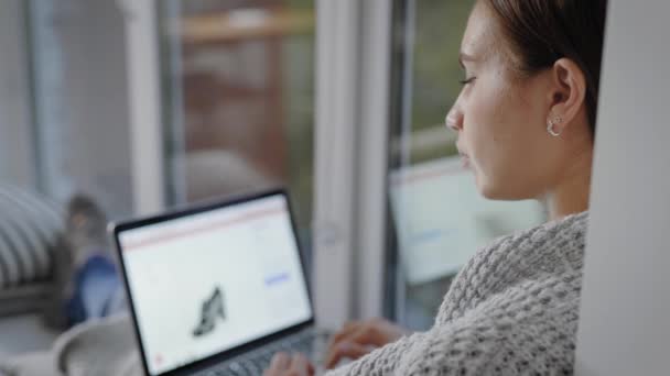 Portrait d'une belle fille avec ordinateur portable faisant du shopping en ligne à la fenêtre . — Video