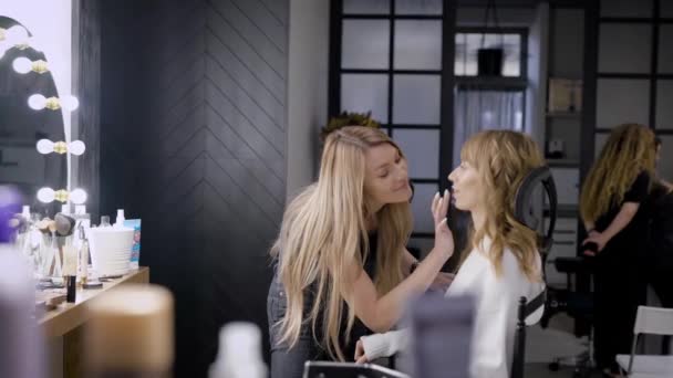 Maskér pracuje s klientku v beauty studio, použití balzám na rty, sedící žena — Stock video