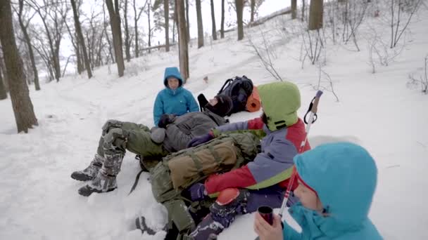 若い人たちのチームは、ハイキング中に停止をしました。残りは困難な探険の間に必要です。. — ストック動画