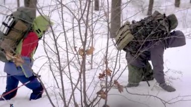 aşırı yürüyüşçüler grup kış gününde karlı orman üzerinden gizlice, sırt çantaları taşıma ekipmanları